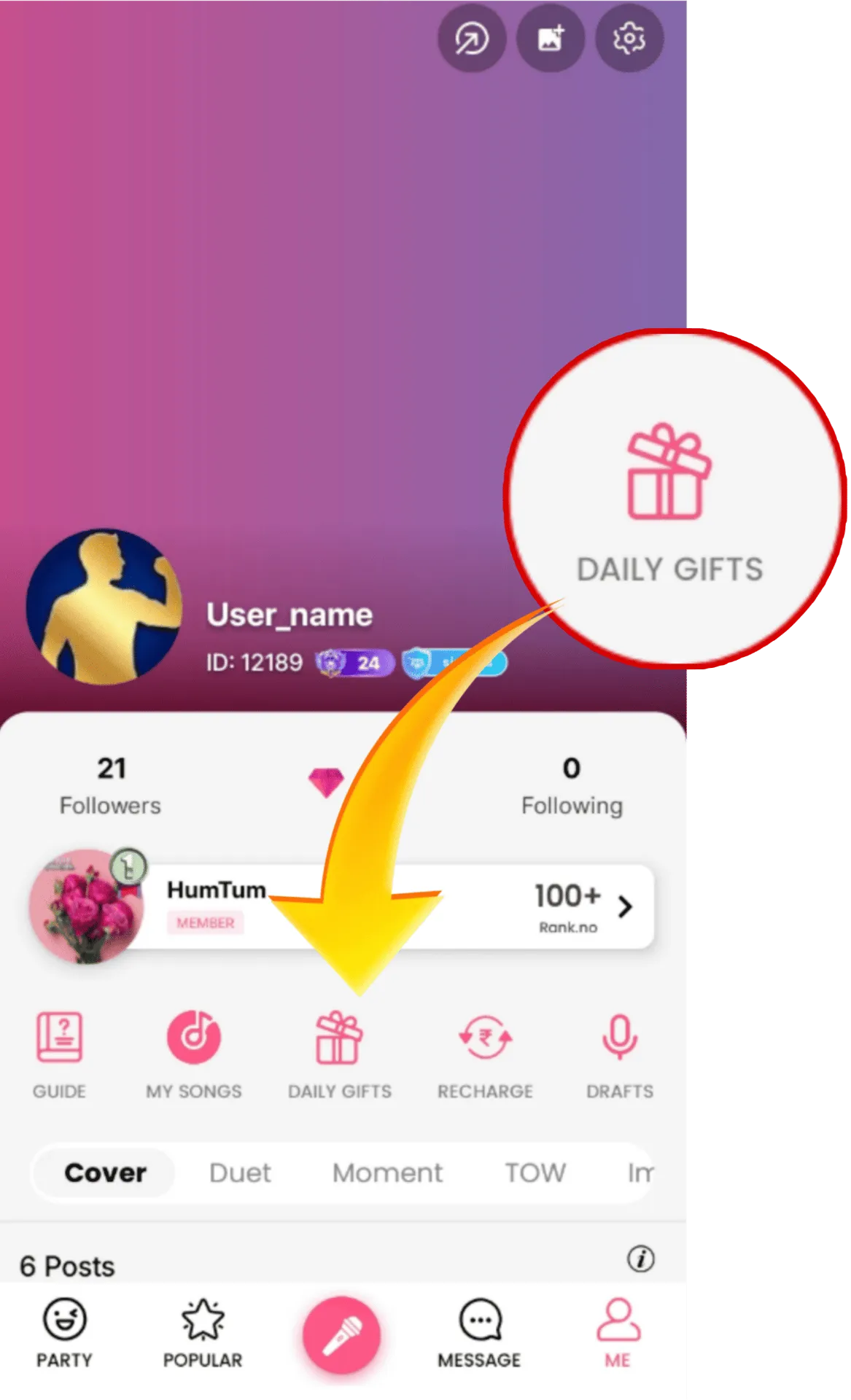 Profile page showing the Daily Gifts entry icon