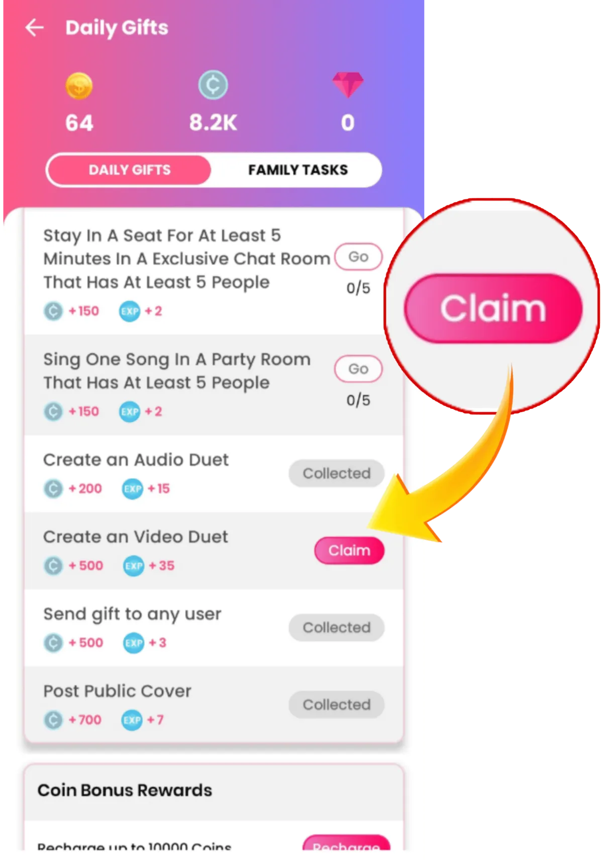 Daily task list with the Claim button highlighted