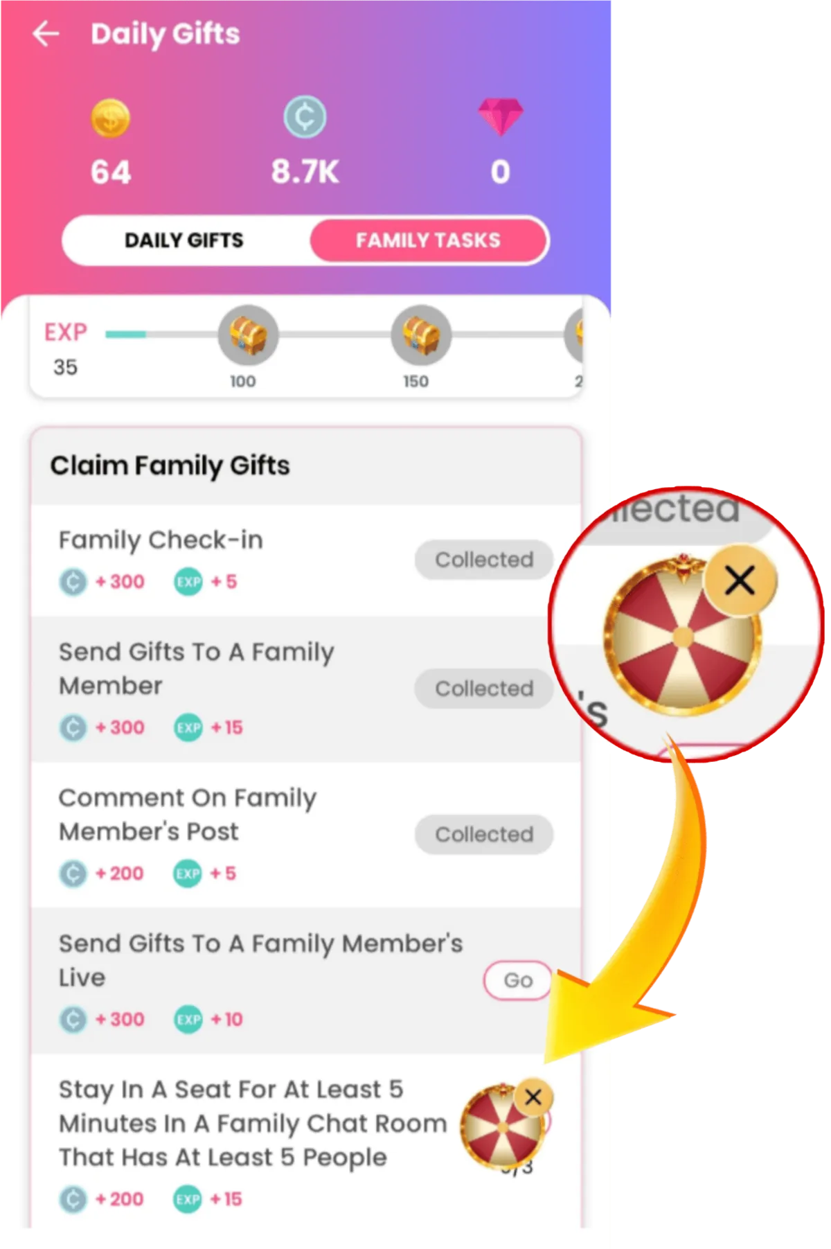 Family Tasks list with Lucky Spin entry points
