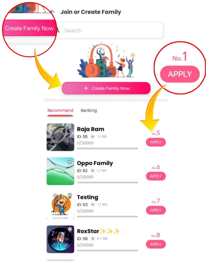 Join or Create Family list with Apply and Join buttons