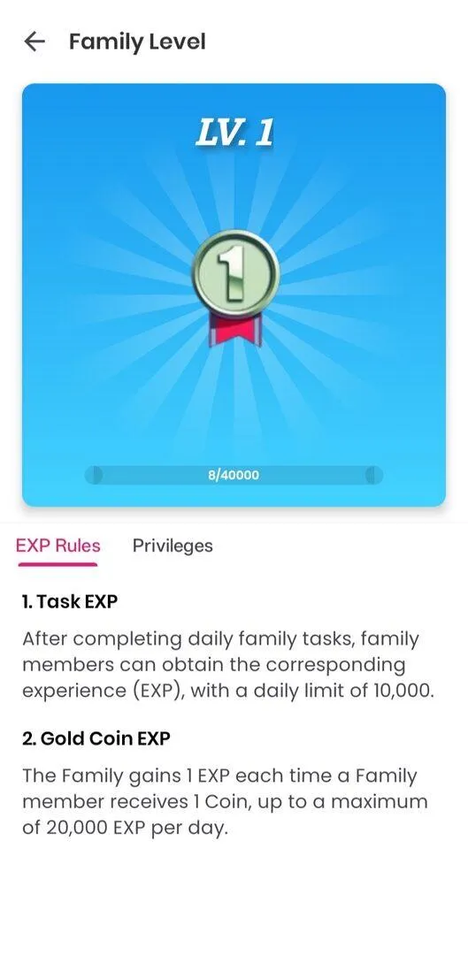 Family Level page showing EXP Rules