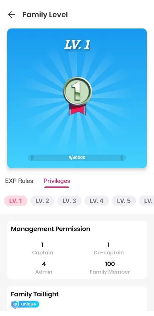 Family Level page showing Privileges
