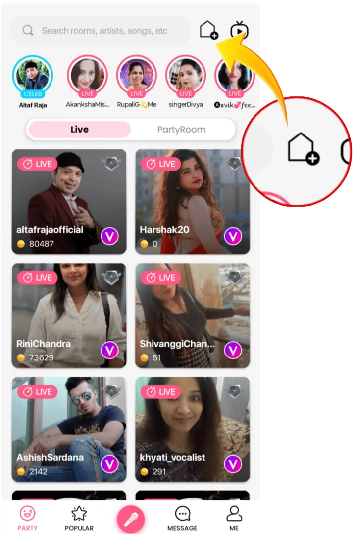 Party page with Create Room icon highlighted in the top right
