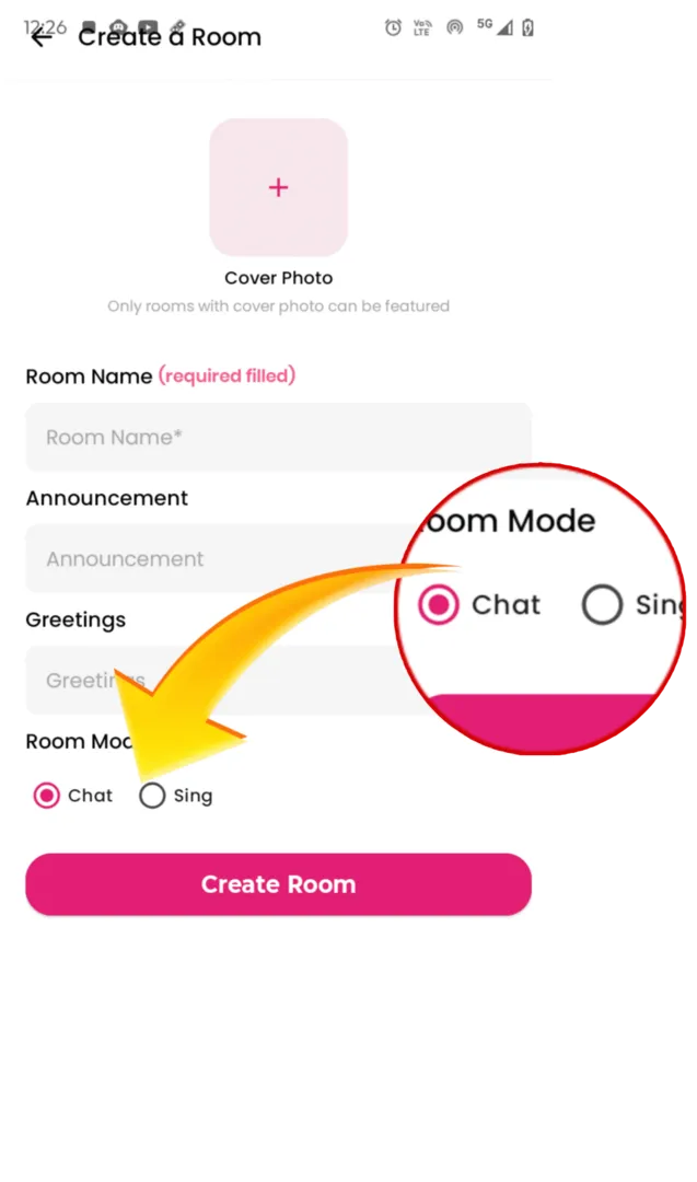 Create a Room form with cover photo, room name and Room Mode options