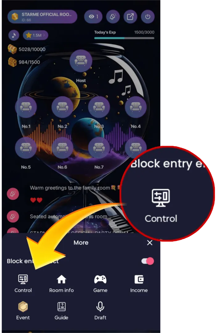 Party room More panel with Control option highlighted