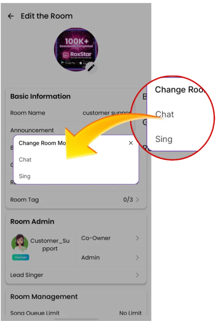 Edit the Room screen with Change Room Mode dialog showing Chat and Sing
