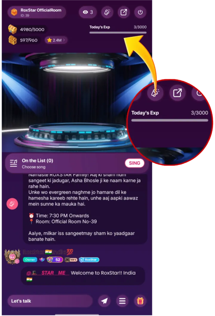 Party room header with Today's EXP progress bar highlighted