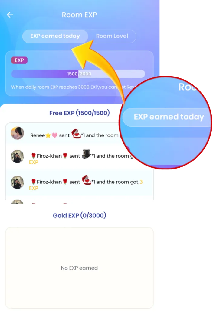 Room EXP page showing EXP earned today, Free EXP and Gold EXP