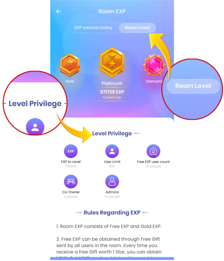 Room Level page with Gold, Platinum, Diamond tiers and Level Privileges