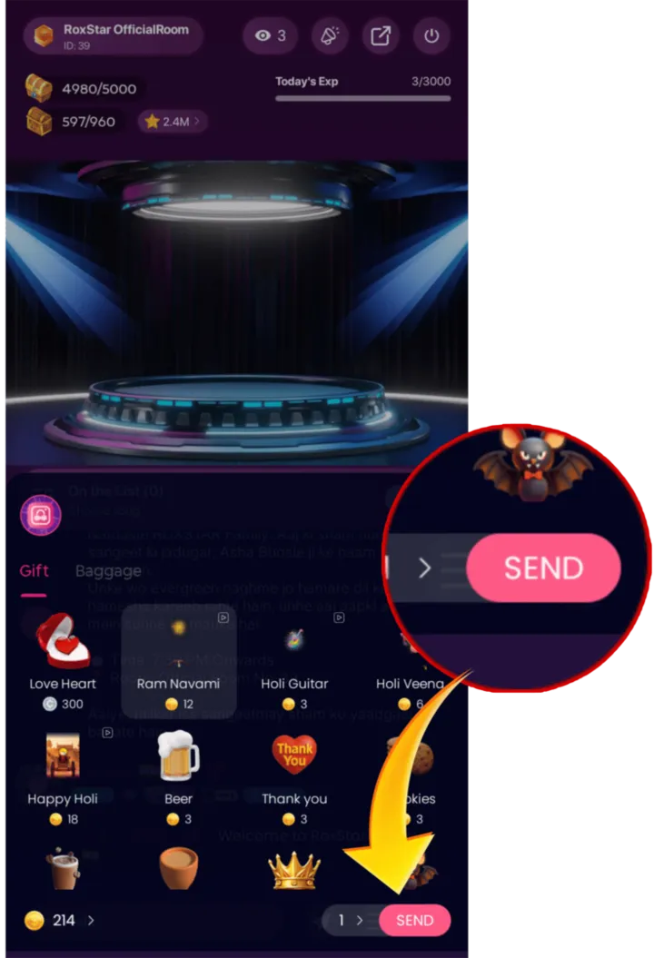 Gift panel inside a party room with SEND button highlighted