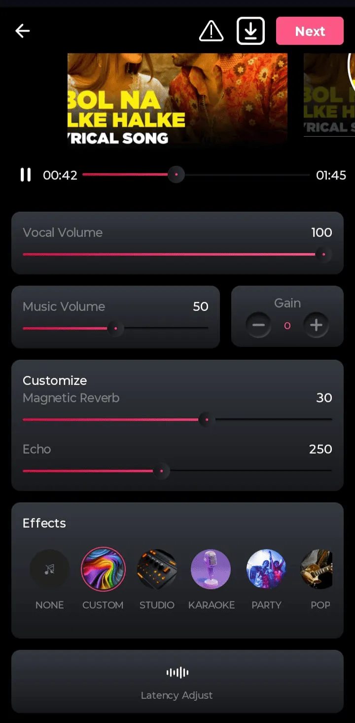 Preview page with vocal volume, music volume, reverb and effects