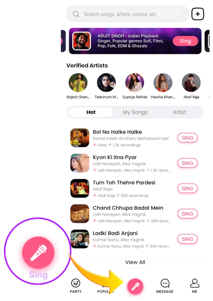 Sing tab on the Roxstar home screen
