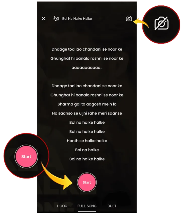 Solo recording start screen with lyrics and Start button